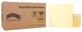 Post Notes Repositional Rainbow Yellow 76x76mm 100s/pd x 12pd/Pk